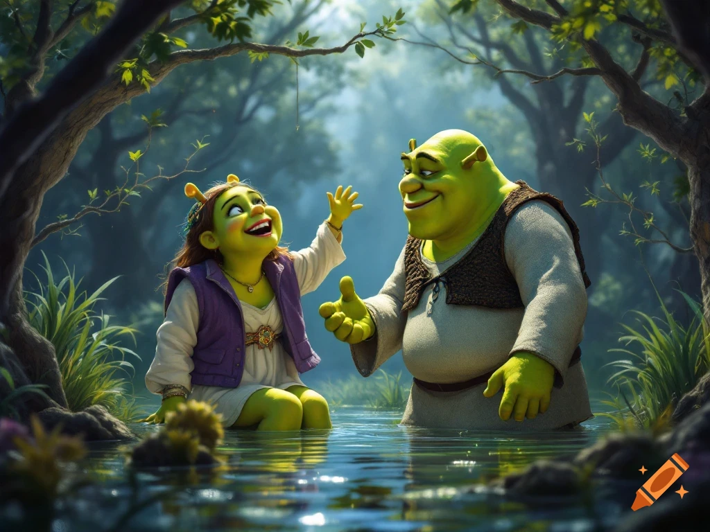 Shrek stands in a swamp, smiling at a young female ogre who sits in the water, raising her hand to him, both in a lush green forest.
