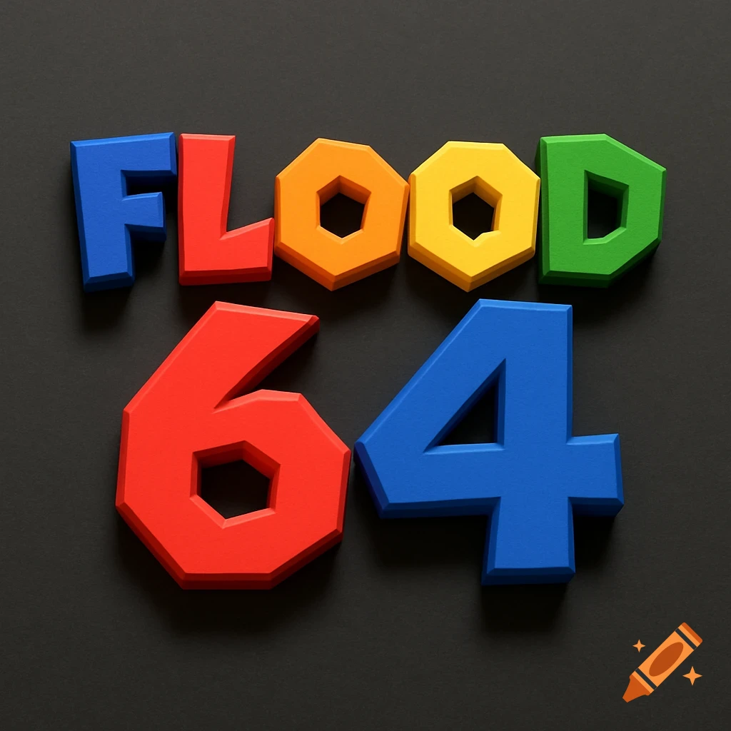 3D colorful block letters spelling 'FLOOD 64' in a retro game style on a dark background.