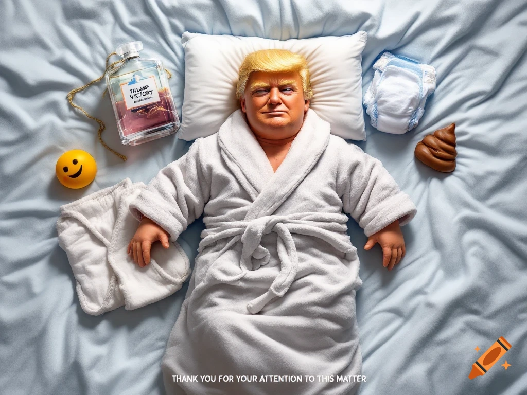 Photorealistic image of a caricature of Donald Trump as a baby doll in a bathrobe, lying on a blue bed with a diaper, a poop emoji, and a 'Trump Victory' perfume bottle.