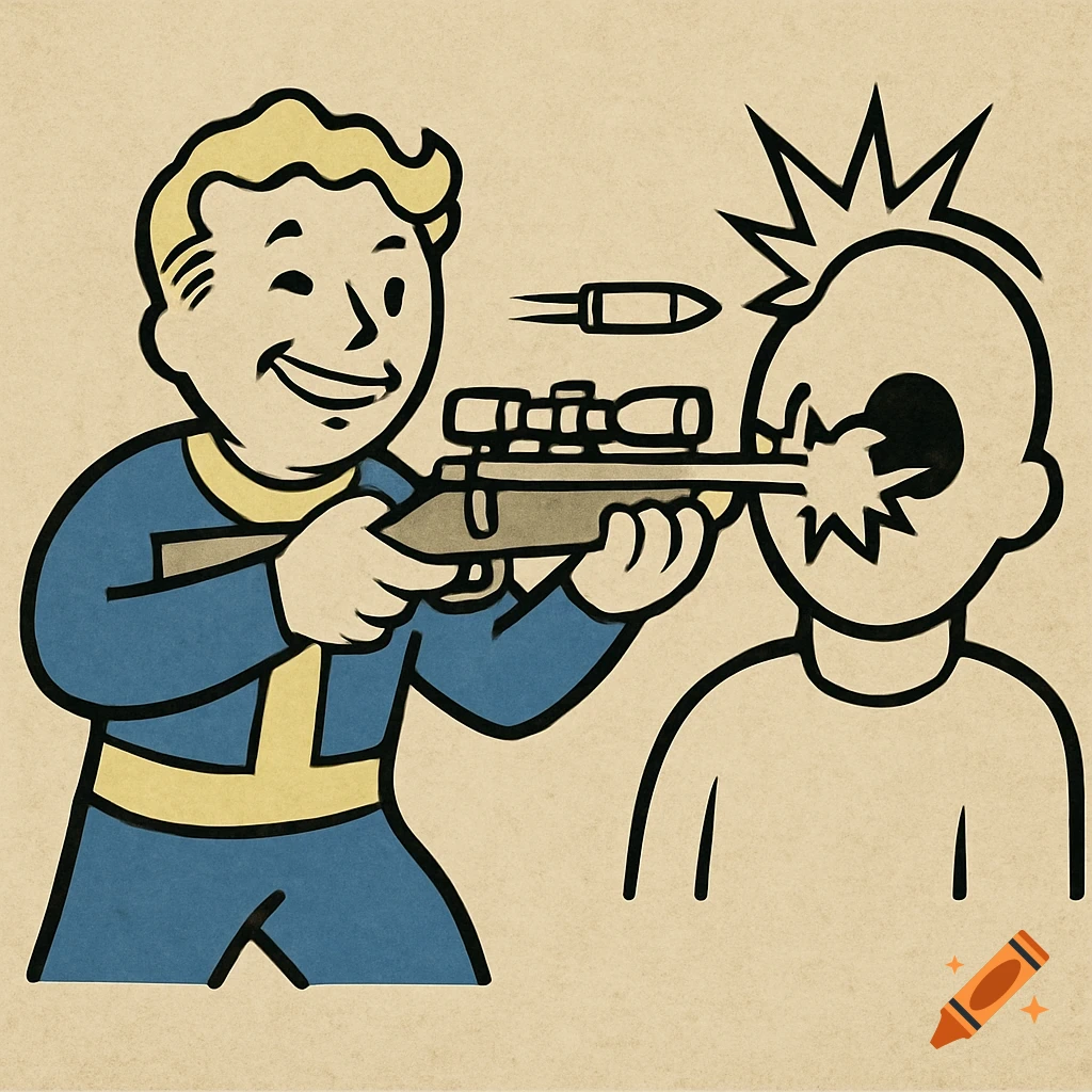Cartoon Vault Boy aiming a scoped rifle at another character's head in a Fallout perk icon style.