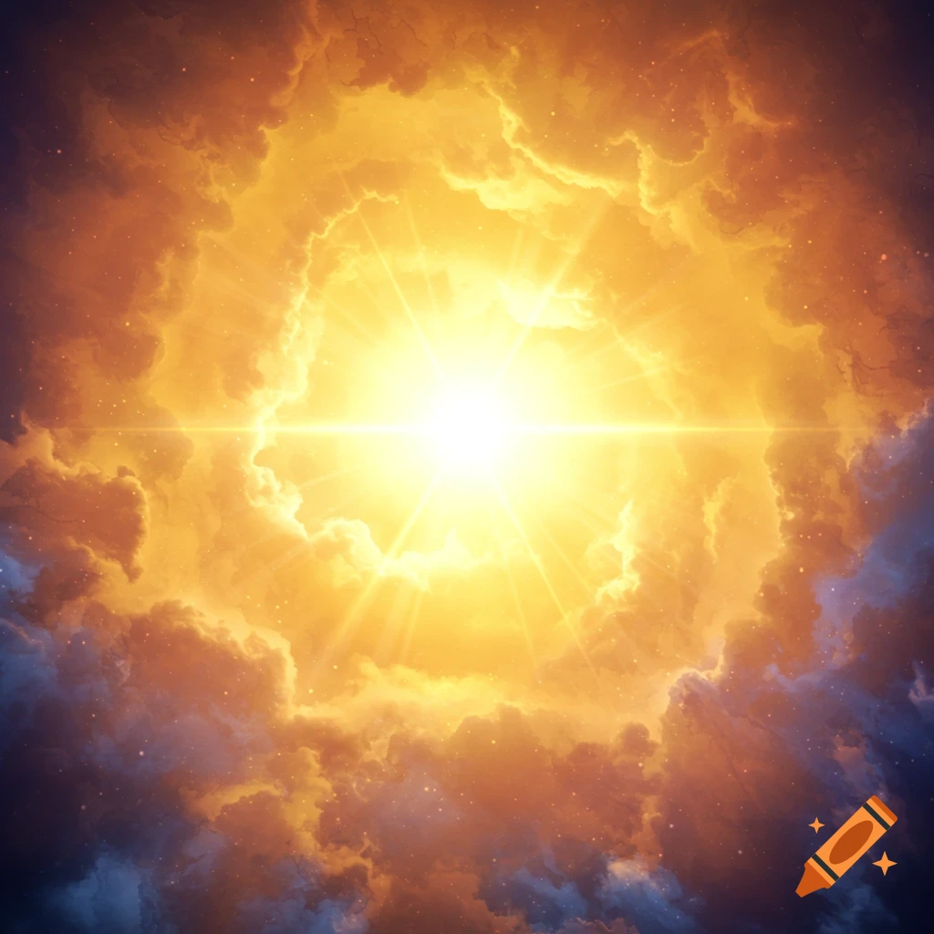A brilliant burst of light shines from the center of a swirling vortex of golden and orange clouds, resembling a cosmic nebula.