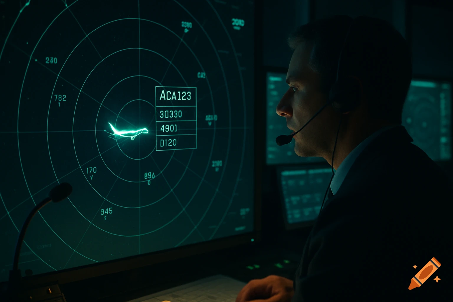 Air traffic controller monitors a glowing radar screen displaying an aircraft in a dark control room.