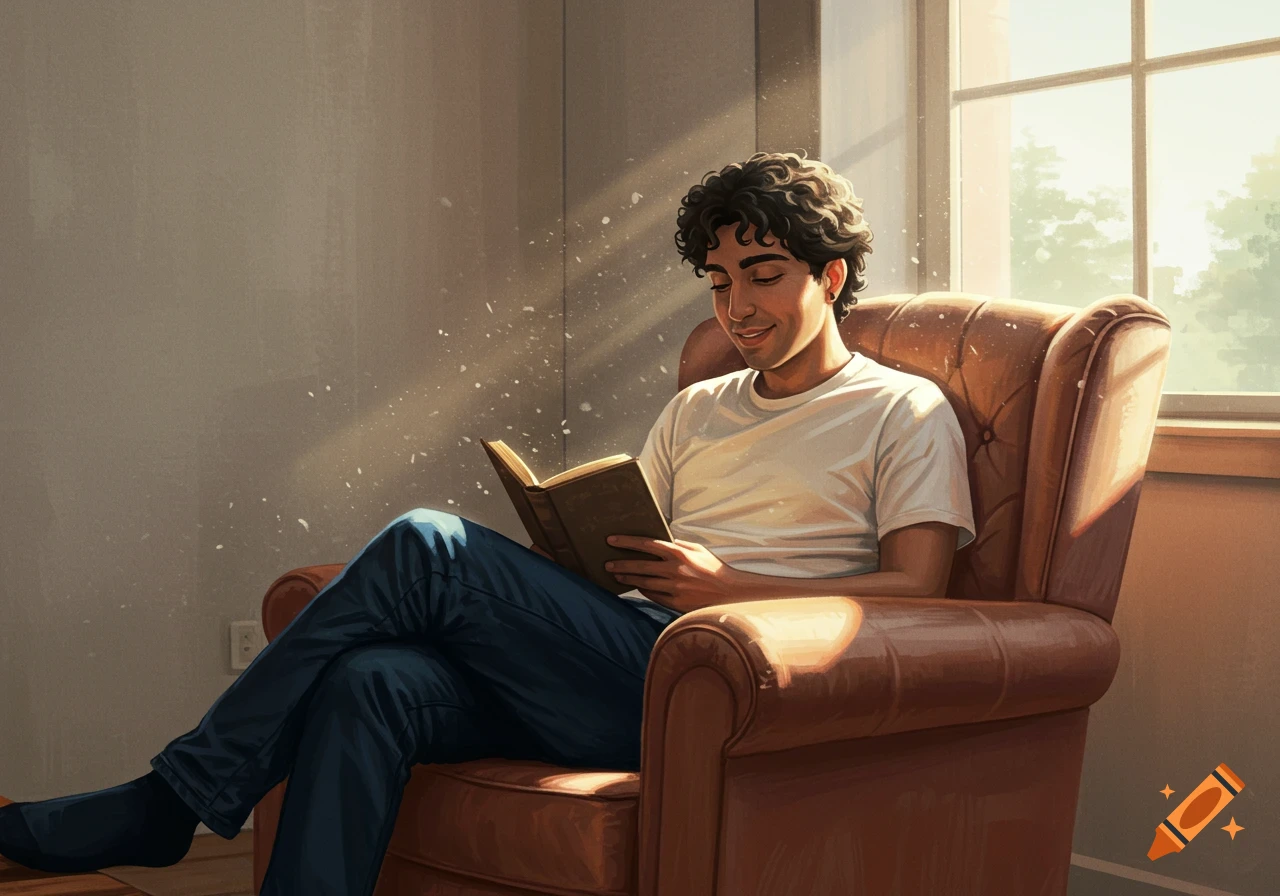A man with curly hair reads a book in a sunlit armchair by a window, dust motes visible in the light.