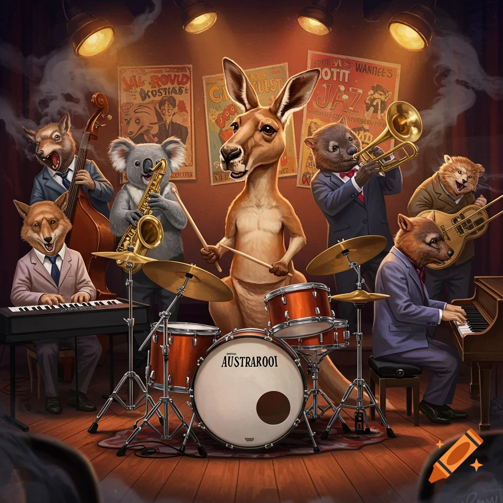 An anthropomorphic kangaroo plays drums in a jazz band with other animal musicians on stage under spotlight.