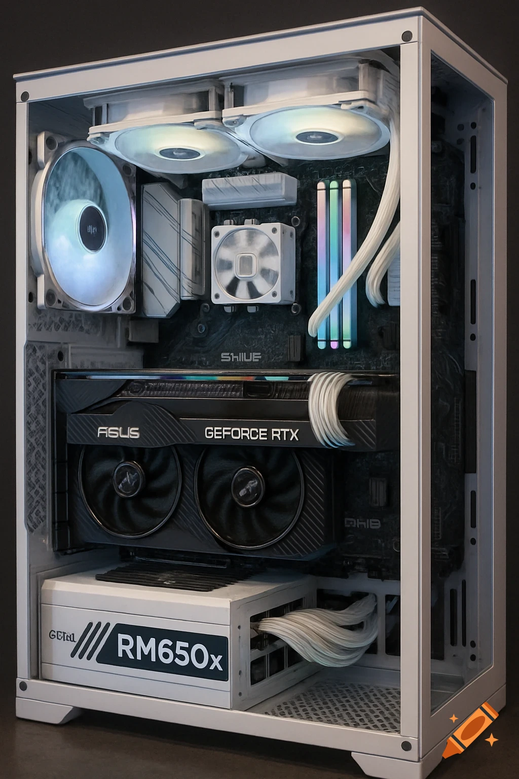 A detailed, photorealistic view of the internal components of a white gaming PC, showcasing the motherboard, GPU, RAM, CPU cooler, and power supply.