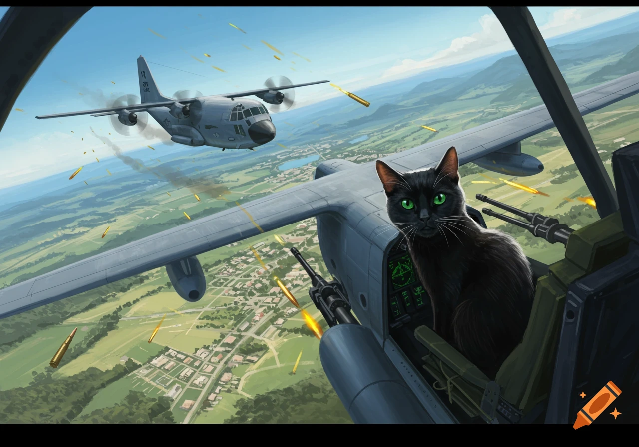 An illustrated black cat with green eyes pilots an AC-130 gunship, firing bullets over a town, with another plane in the distance.