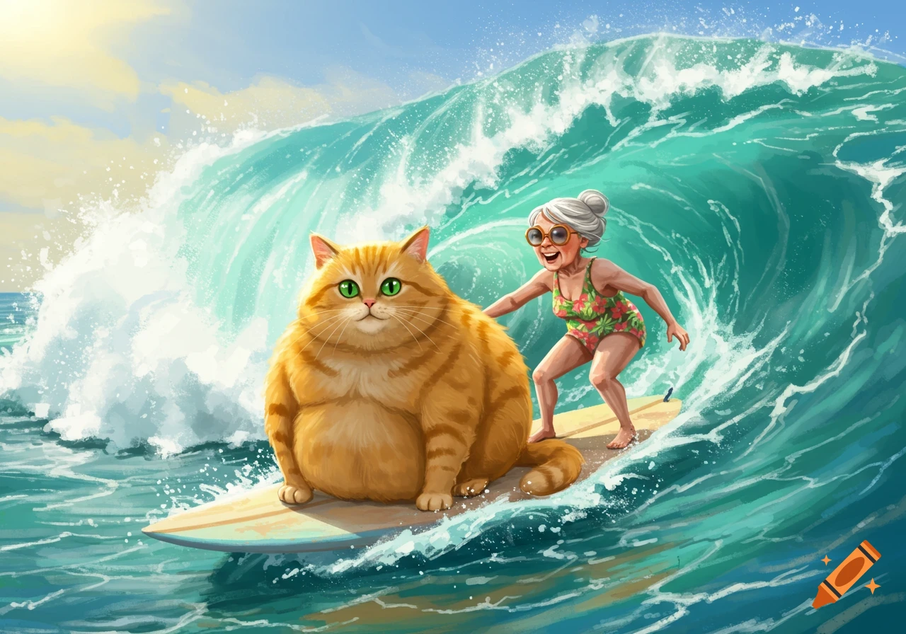 An elderly woman in a swimsuit and a very large orange cat ride a surfboard on a massive ocean wave in a vibrant illustration.
