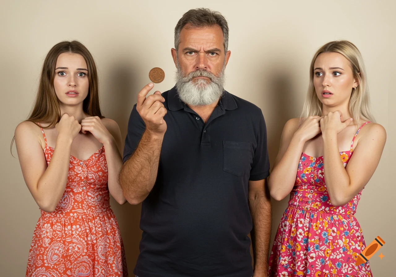 A scowling bearded man holds up a cookie between two nervous women in a photorealistic style.