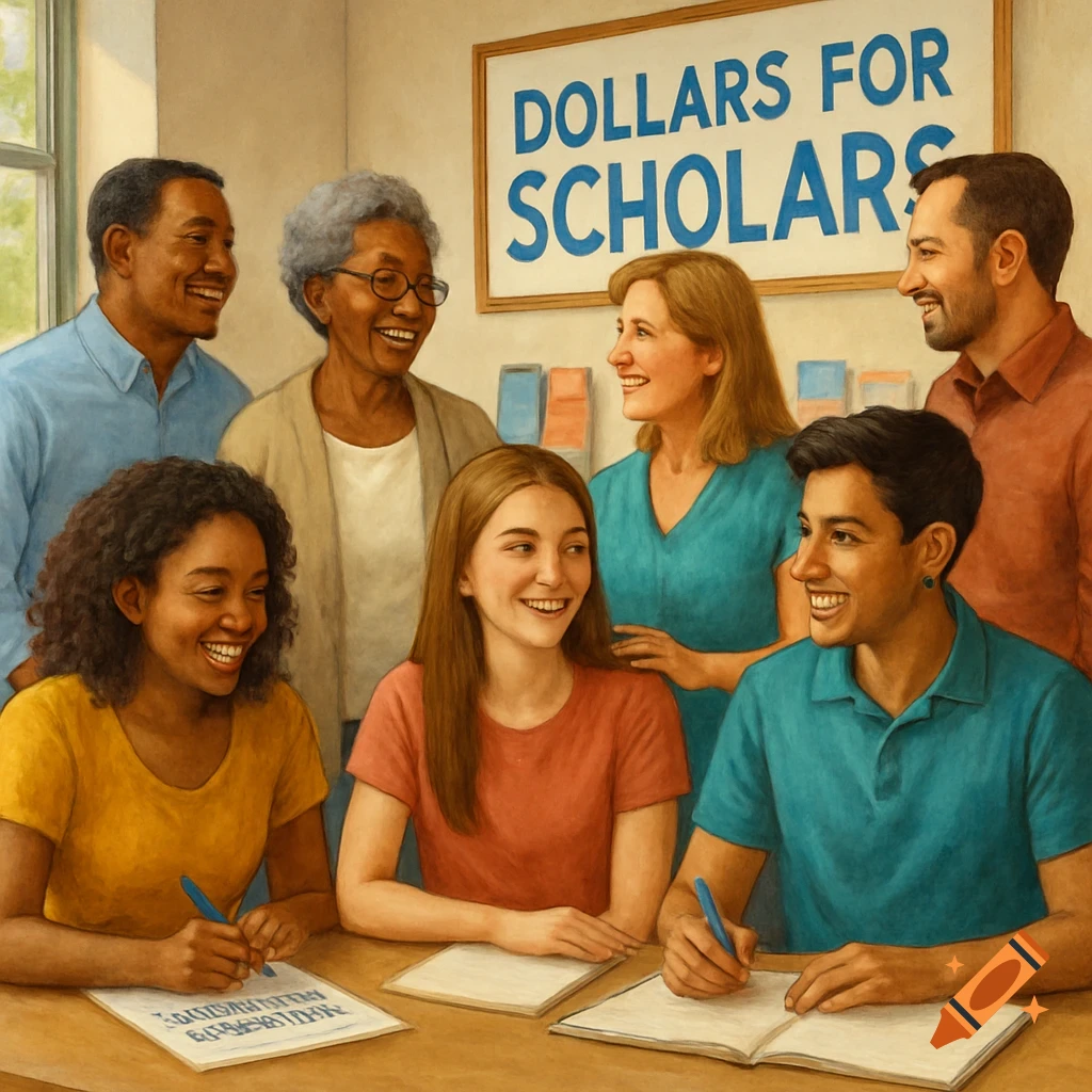 A diverse group of adults and young students smiling in a bright room with a 'DOLLARS FOR SCHOLARS' sign, some writing at a table.