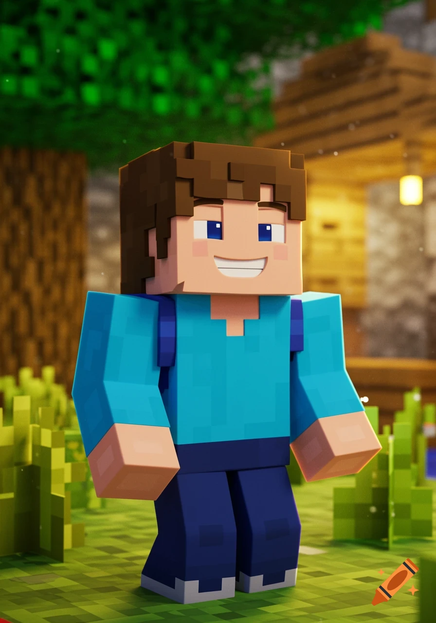 A smiling Minecraft boy in a blue shirt and dark pants stands in a blocky green field with a house and trees in the background.