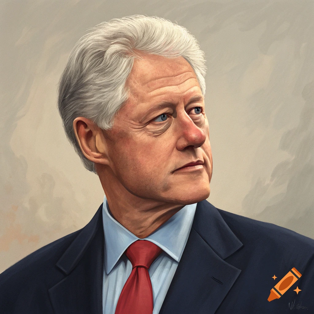 Stylized portrait of former US President Bill Clinton looking to the right.