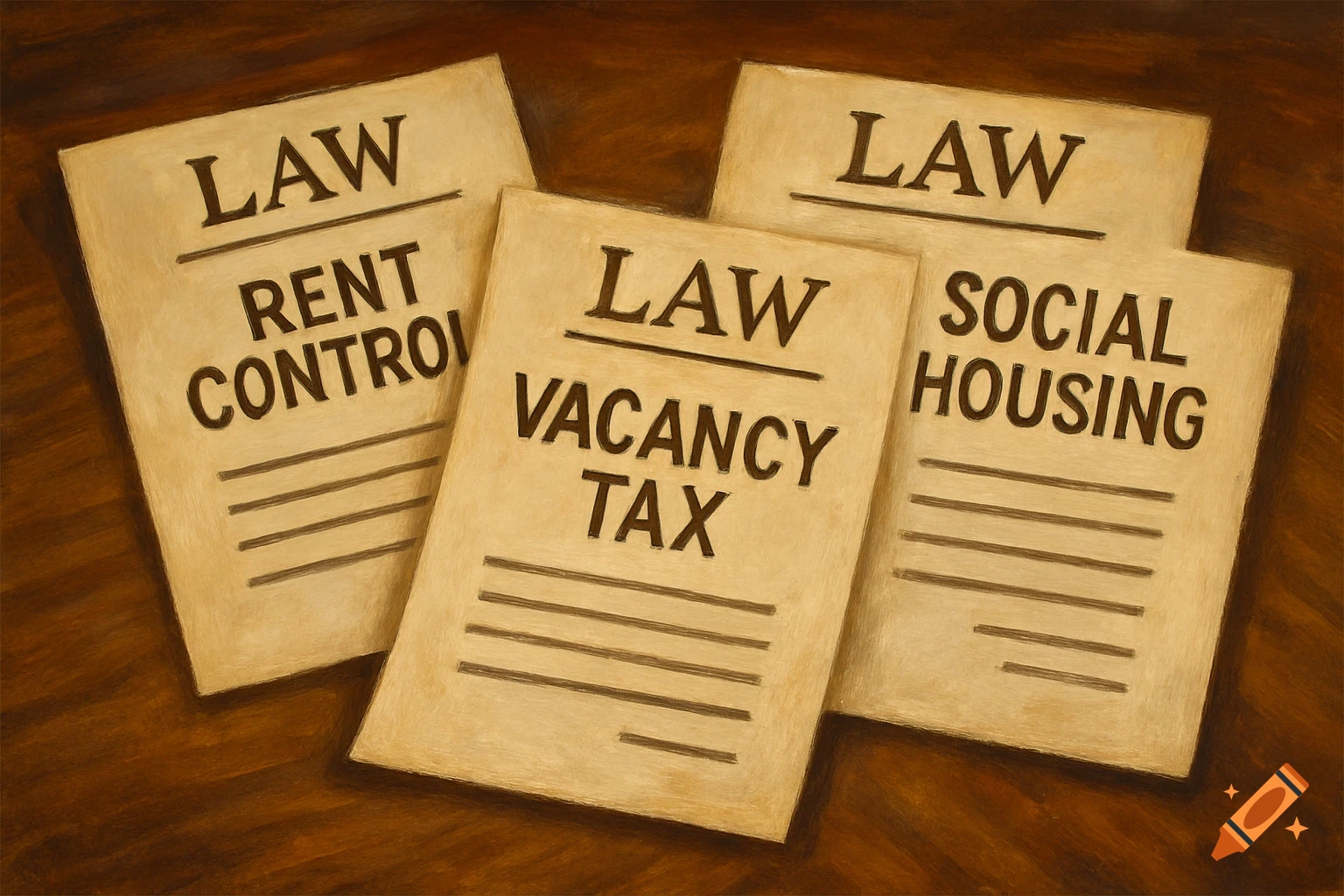 Three legal documents titled "Law Rent Control", "Law Vacancy Tax", and "Law Social Housing" are spread on a wooden surface in a painterly style.