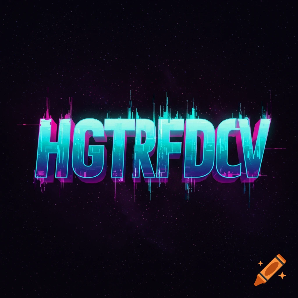 A neon blue and pink text art displaying 'HGTRFDCV' with glitch effects on a dark, starry background.