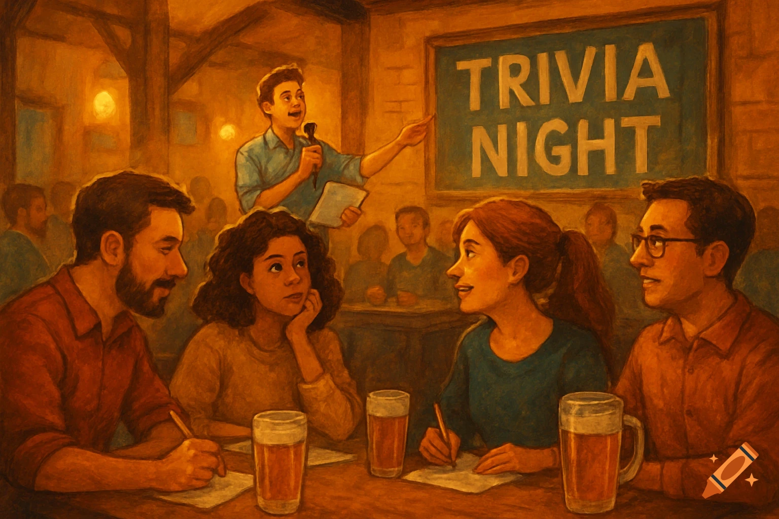 An illustration of people participating in a trivia night at a pub, with a host speaking near a 'TRIVIA NIGHT' sign.
