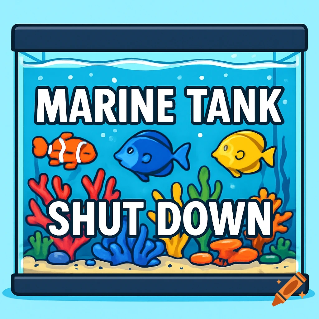 Cartoon illustration of a marine tank with colorful fish and corals, with the words 'MARINE TANK SHUT DOWN' overlaid.
