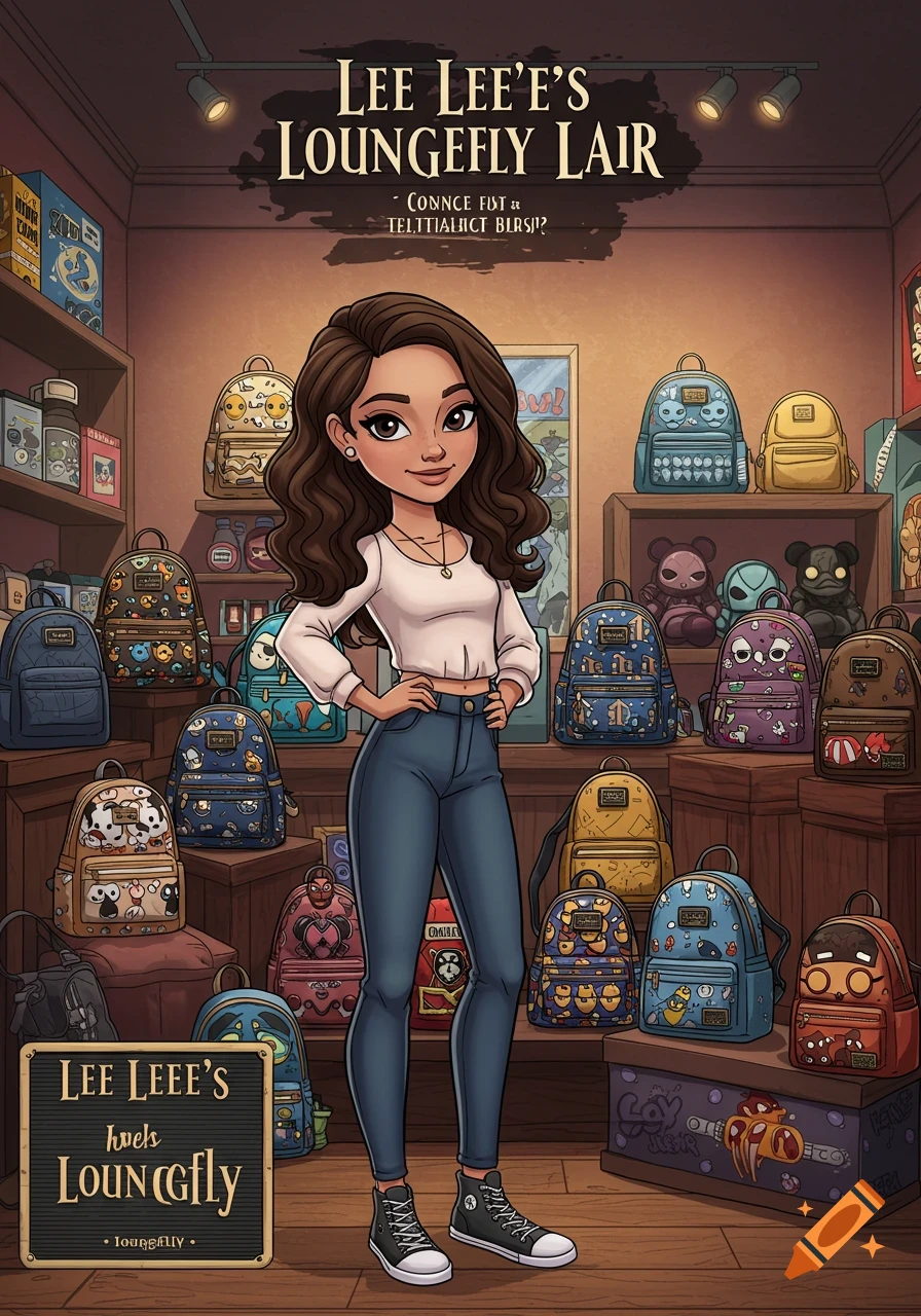 A stylish cartoon brunette girl stands confidently in a boutique surrounded by colorful Loungefly backpacks featuring various pop culture themes.