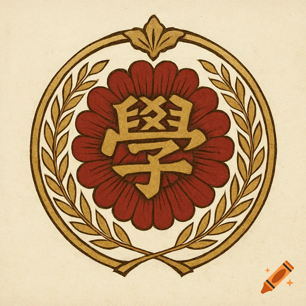 A circular emblem with a central red flower-like shape, featuring a gold Japanese character for 'study' or 'learn' (学). It is framed by a gold border with stylized gold leaves.