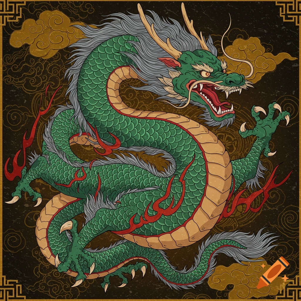 A vibrant traditional illustration of a green Chinese dragon with red flames and golden clouds.