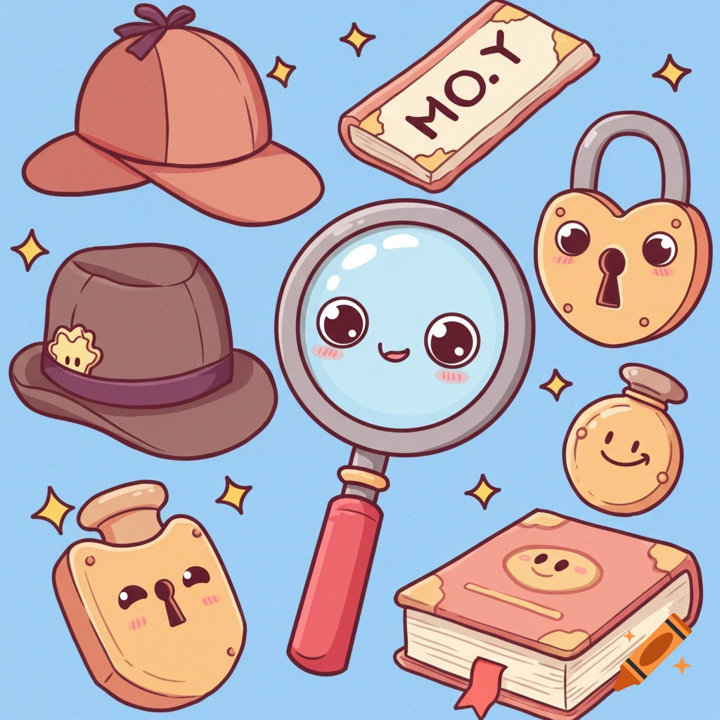 A collection of cute, chunky cartoon mystery items on a blue background, including detective hats, a magnifying glass with a face, books, and heart-shaped locks.