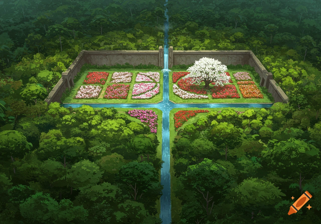 Aerial view of a walled flower garden in a dense forest, with a central white flowering tree and streams dividing colorful flower beds, in an illustrative style.