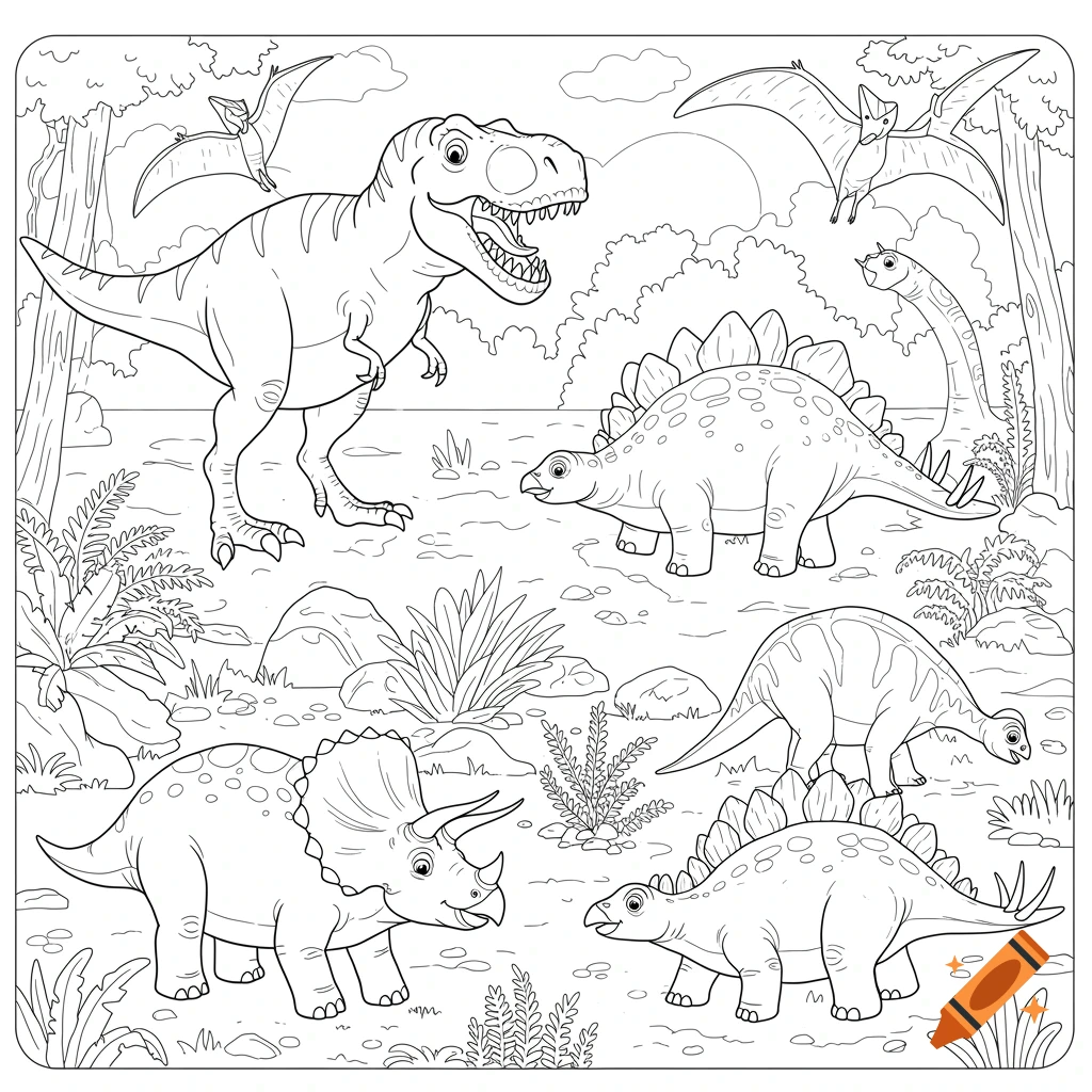 A black and white line drawing of various dinosaurs including a T-Rex, Stegosauruses, and a Triceratops in a prehistoric landscape, in coloring book style.