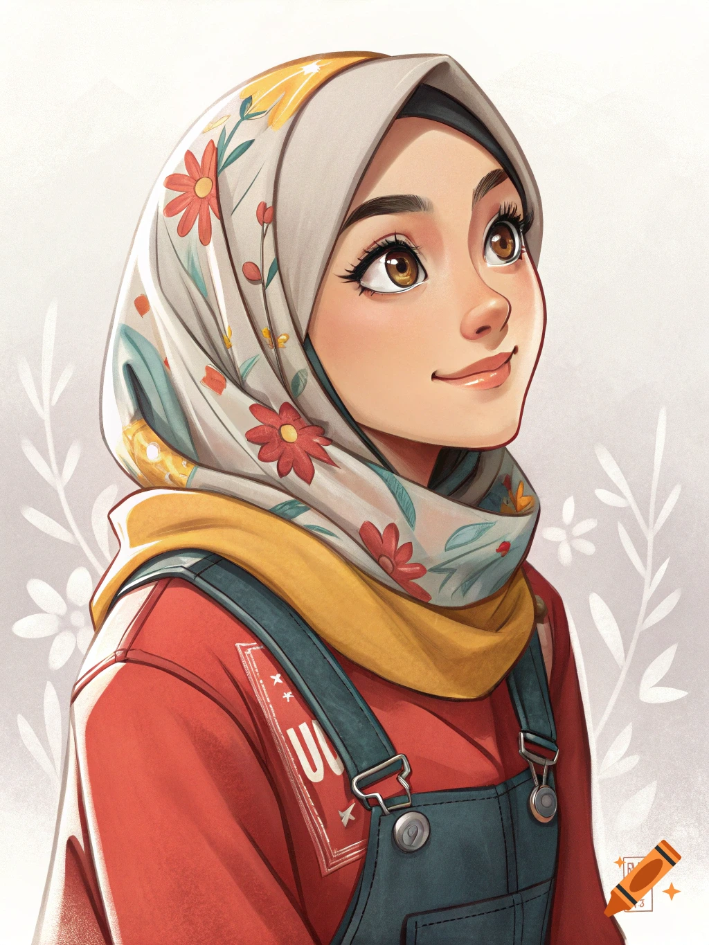 A colorful illustration of a young woman with brown eyes, wearing a floral hijab, red shirt, and denim overalls, smiling and looking up.