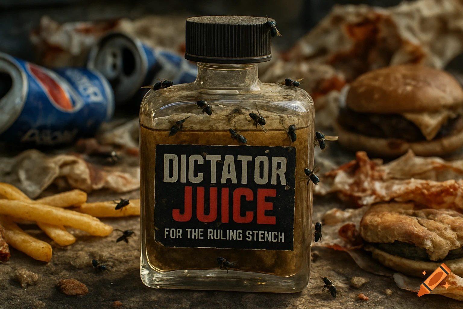 Photorealistic image of a bottle labeled 'Dictator Juice' with flies, surrounded by fast-food trash: crushed Pepsi cans, fries, and burgers.