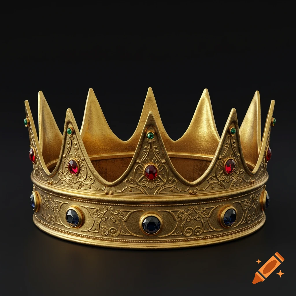 A detailed golden crown adorned with red, green, and blue jewels, set against a dark background.