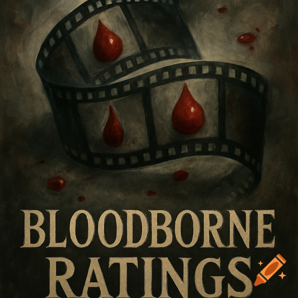A dark, stylized illustration depicting a film reel with bright red blood drops on it and scattered nearby, with the words "BLOODBORNE RATINGS" below.