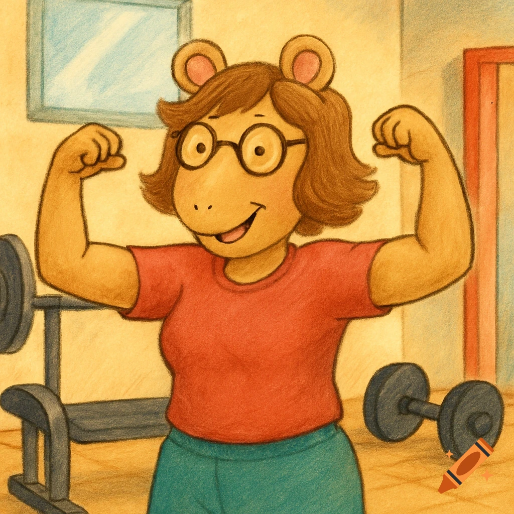 Jane Read from Arthur, an aardvark, flexes her bicep muscles in a gym with weights, in a children's book illustration style.