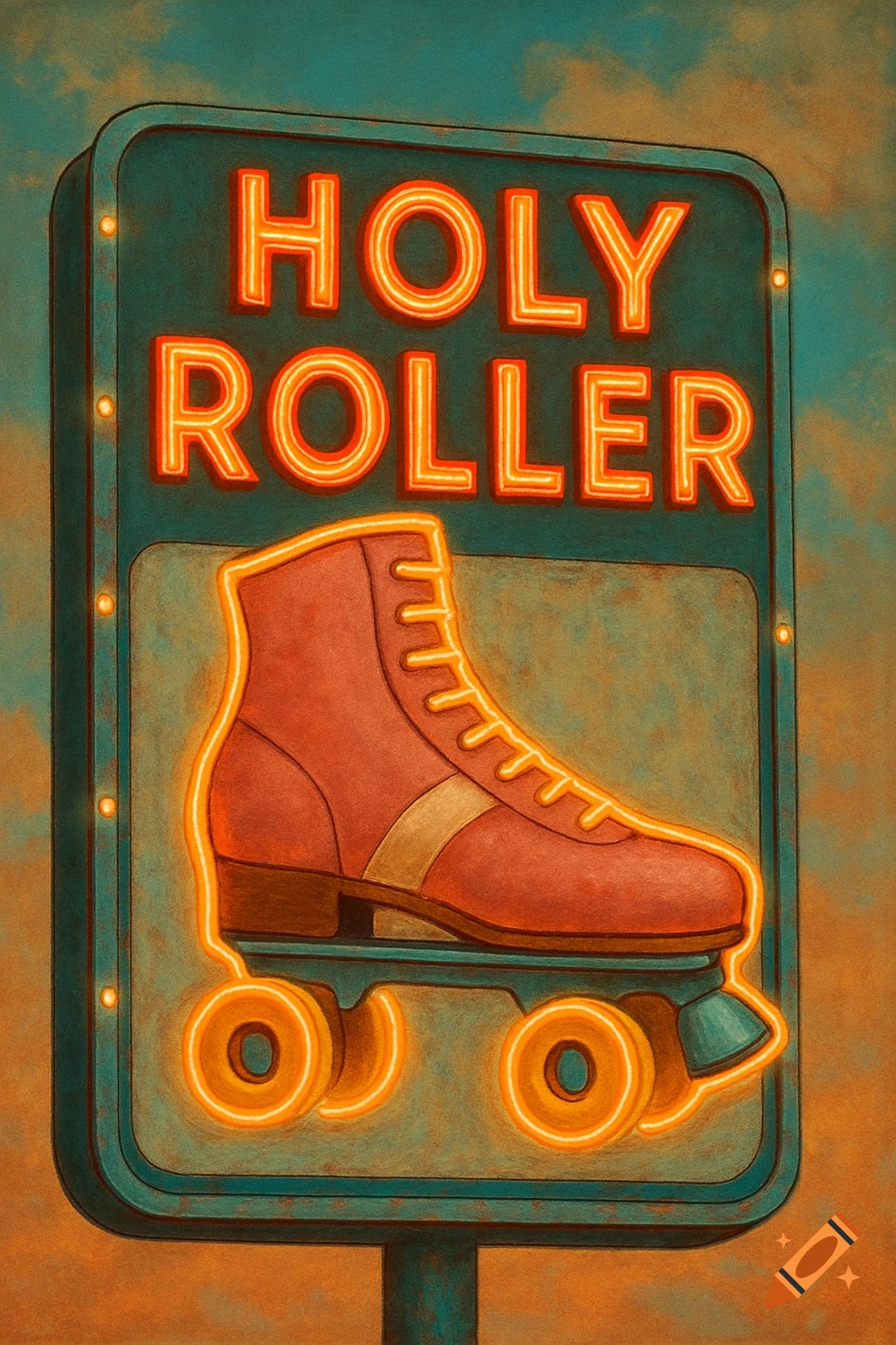A retro neon diner sign for 'Holy Roller' with a large red roller skate, against an orange and teal sky, in a textured illustration style.