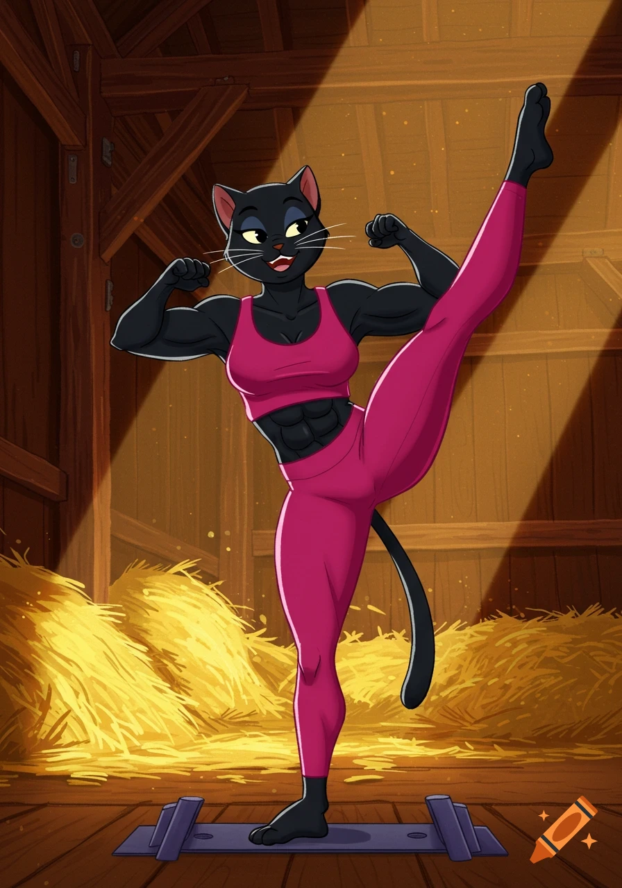 A muscular black cat in pink sportswear flexes and stretches inside a barn, in a Disney animation style.