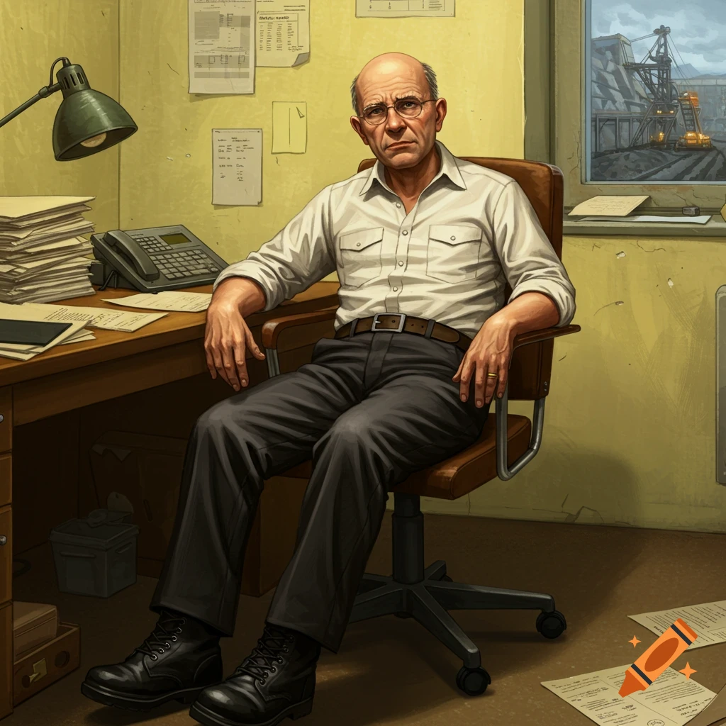 A bald general manager sits at his office desk with a mining site visible outside the window.