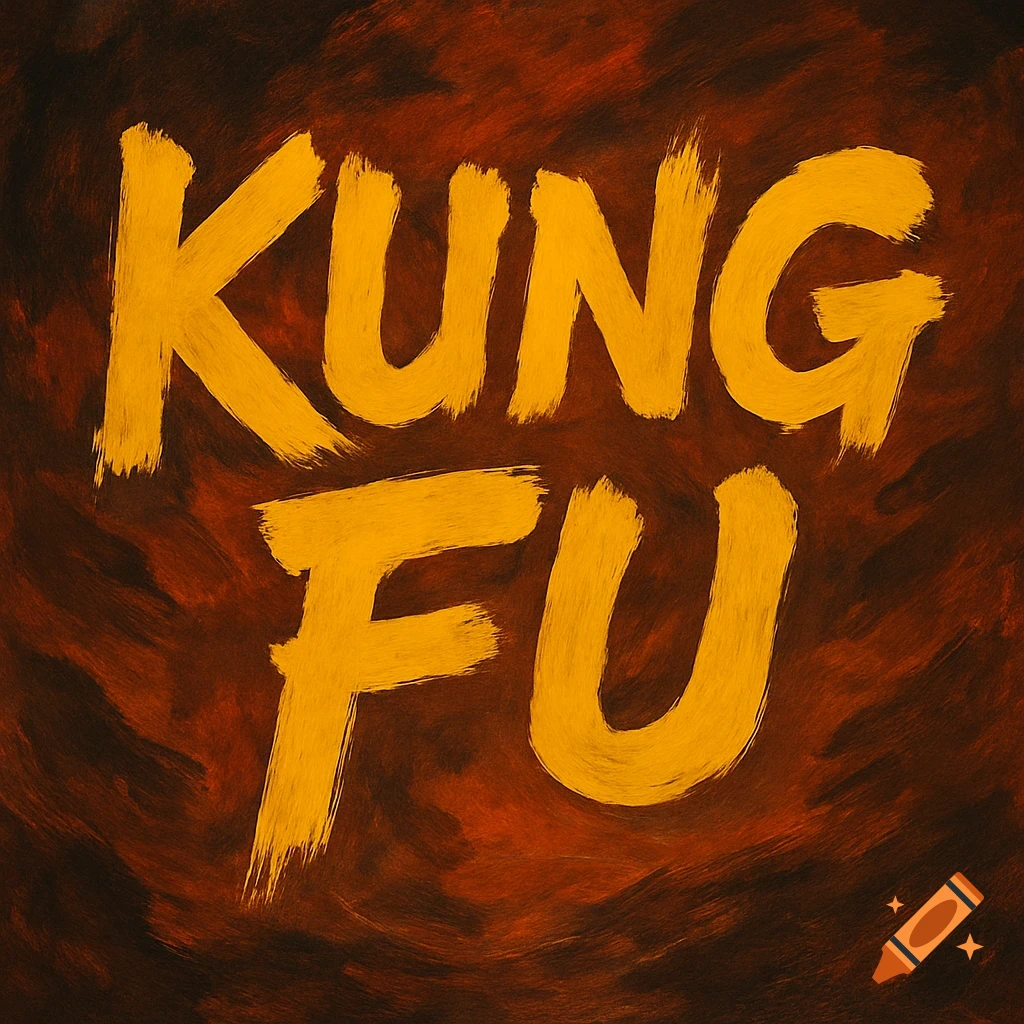 Bold yellow KUNG FU text with brush strokes against a dark, painterly red and brown background.