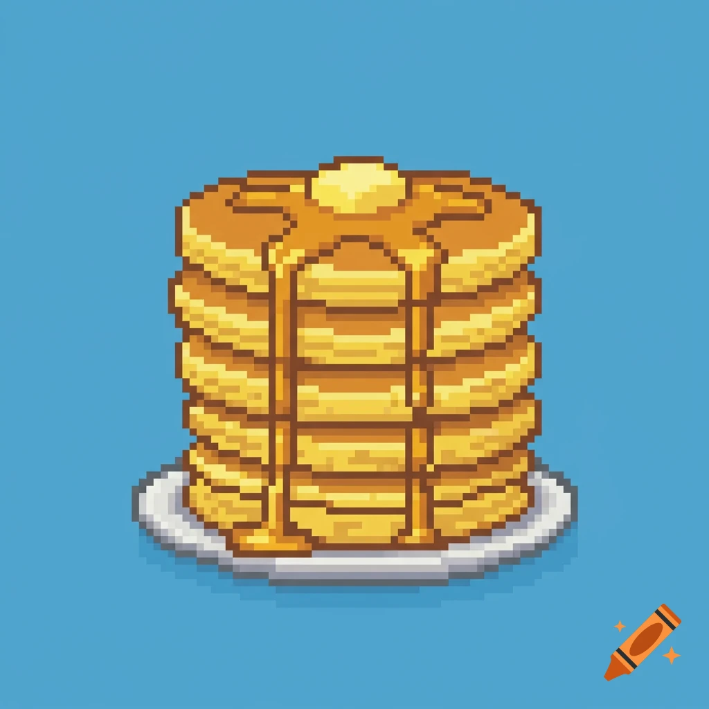A stack of pixel art pancakes with melting butter and syrup on a white plate, against a blue background.