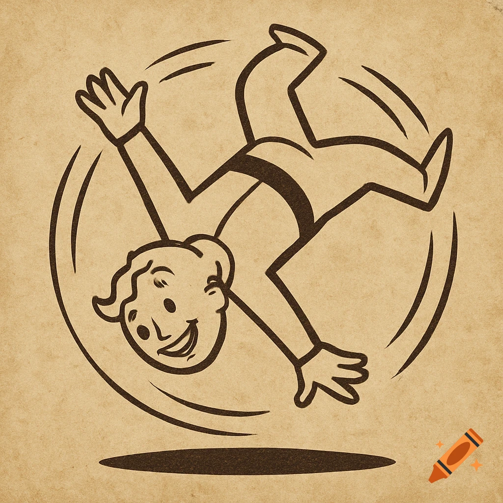 A stylized illustration of a Vault Boy-like character performing a mid-air flip inside a circle on a textured beige background.