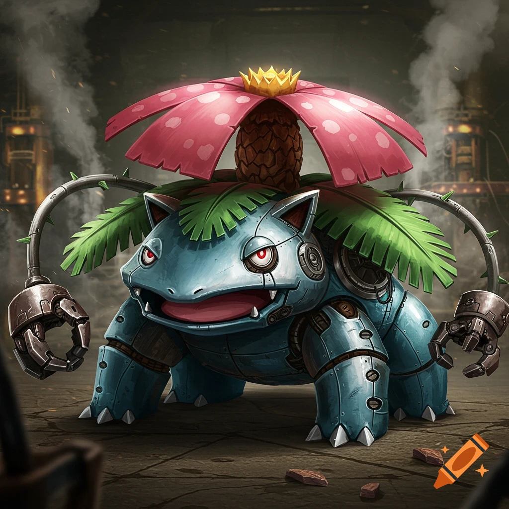 A detailed, mechanical Venusaur with a blue metallic body, red eyes, and a large pink flower on its back in an industrial setting.
