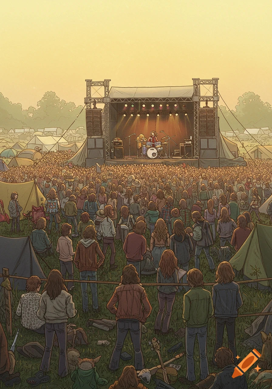 An illustrated crowd watches a band perform on stage at a large outdoor music festival at sunset.