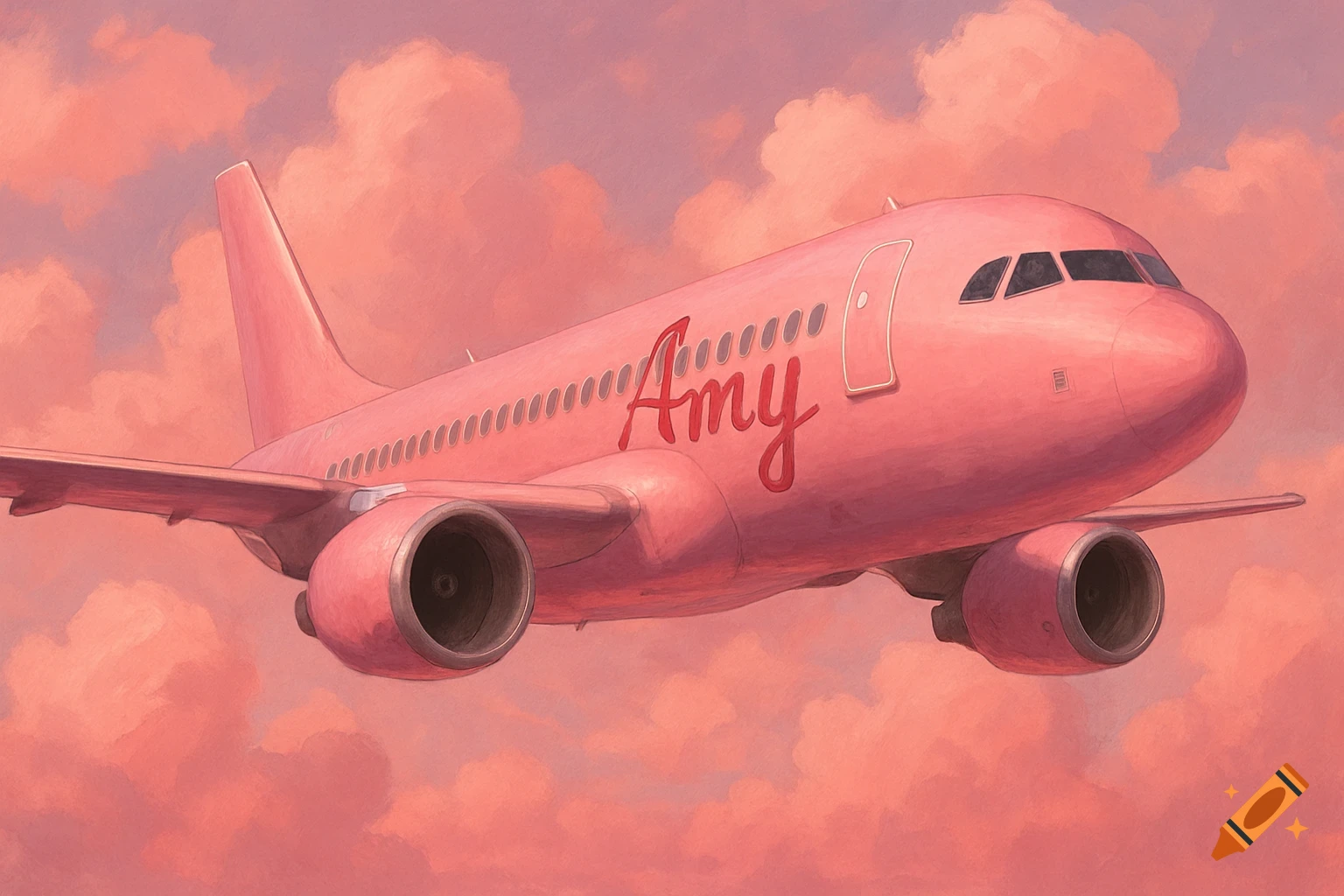 A pink jetliner with 'Amy' written on its side, flying through pink clouds in a painterly style.