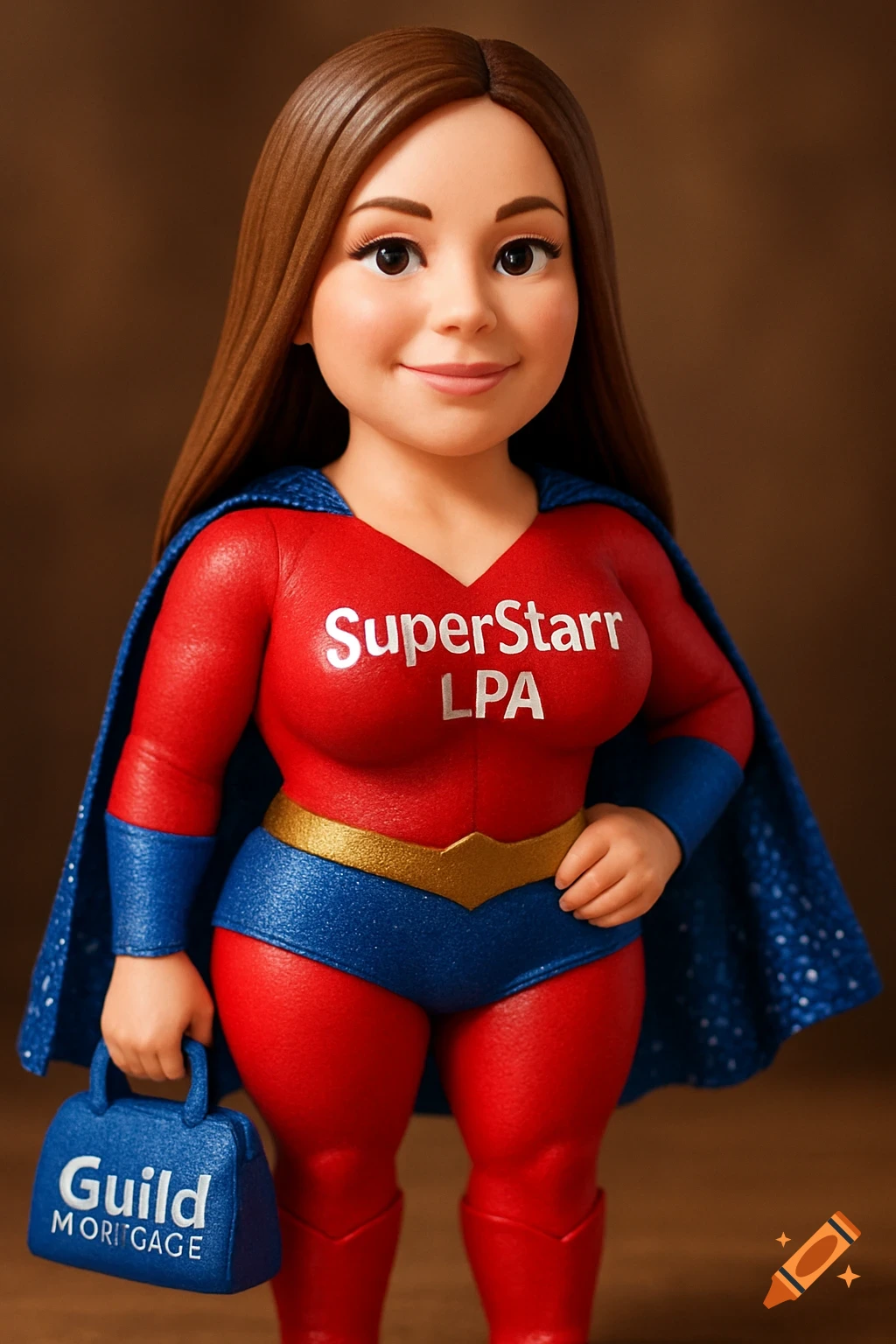 Photorealistic toy figurine of a female superhero in a red and blue outfit with a sparkly cape, text 'SuperStarr LPA' on chest, holding a 'Guild MORTGAGE' purse.