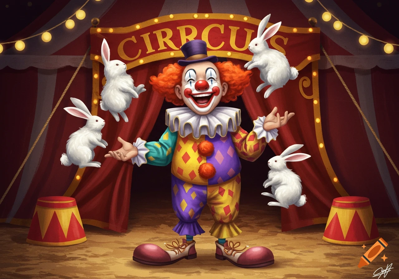 A happy clown in a colorful suit juggling five white rabbits in front of a red and yellow circus tent with string lights.