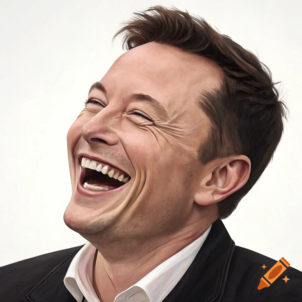 Photorealistic close-up of Elon Musk laughing heartily, head tilted back, eyes squinted.