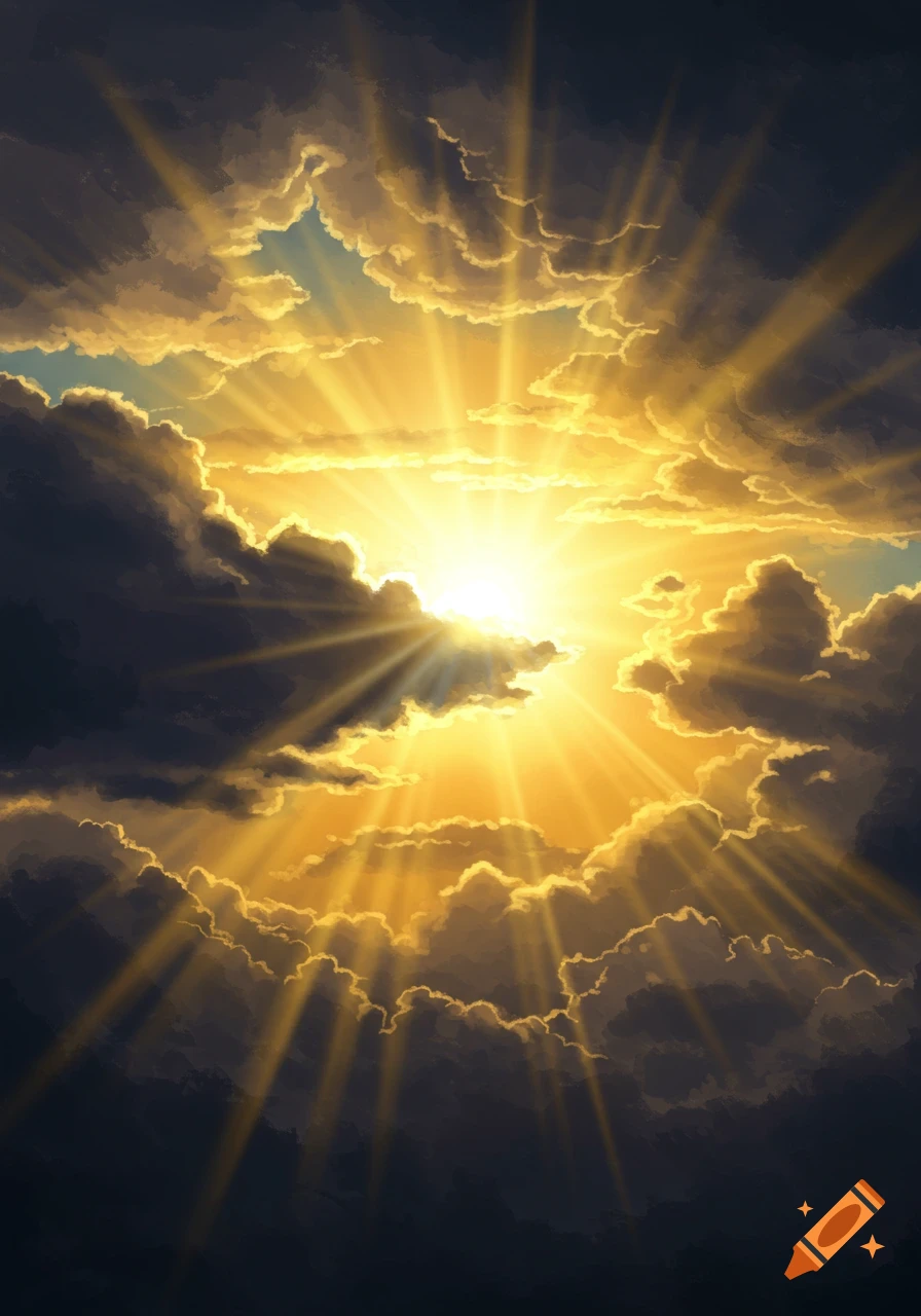 Golden sun rays burst through dramatic dark clouds in a stylized sky.