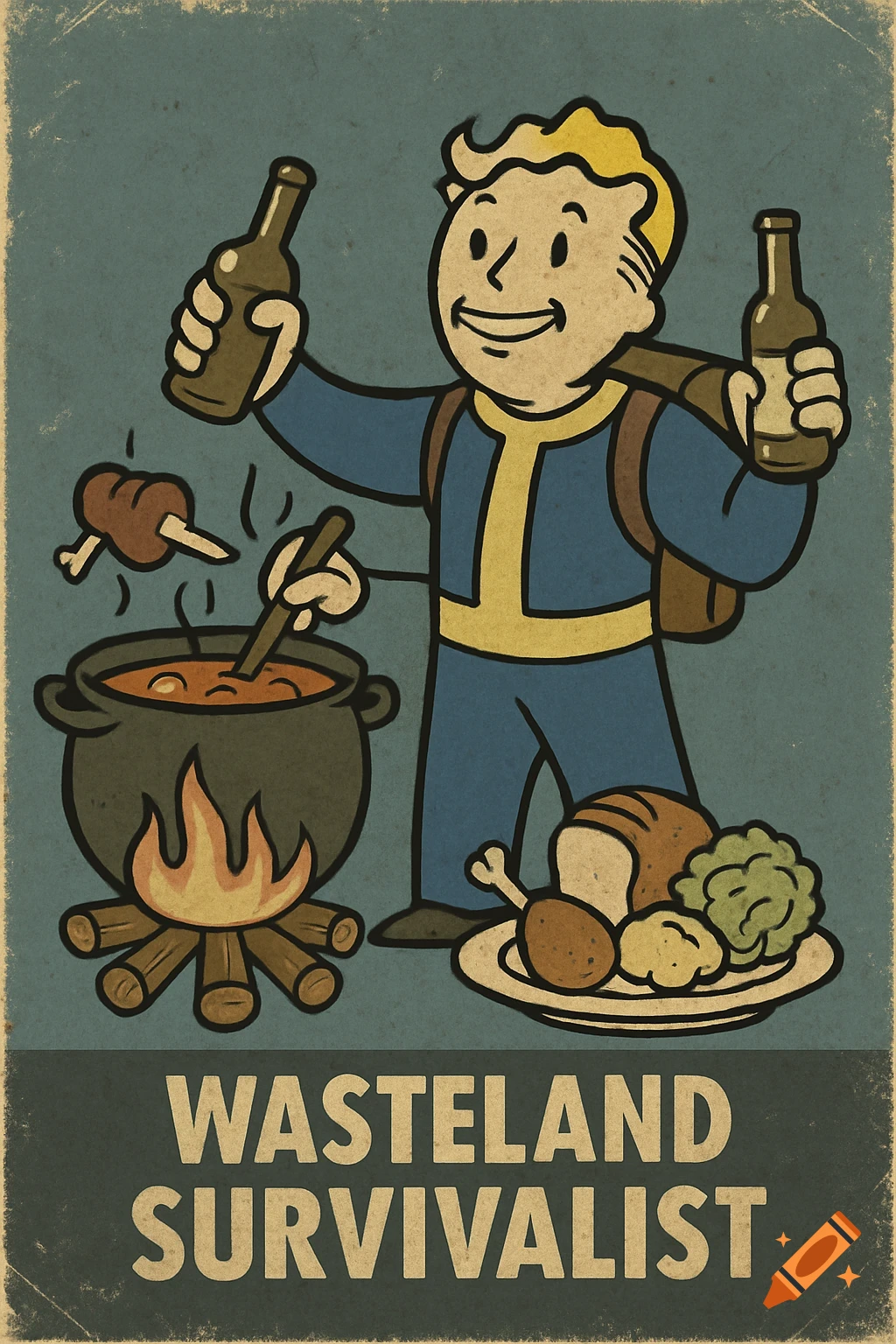 Fallout style cartoon of Vault Boy cooking over a fire with food, holding bottles. Text: 'Wasteland Survivalist'.