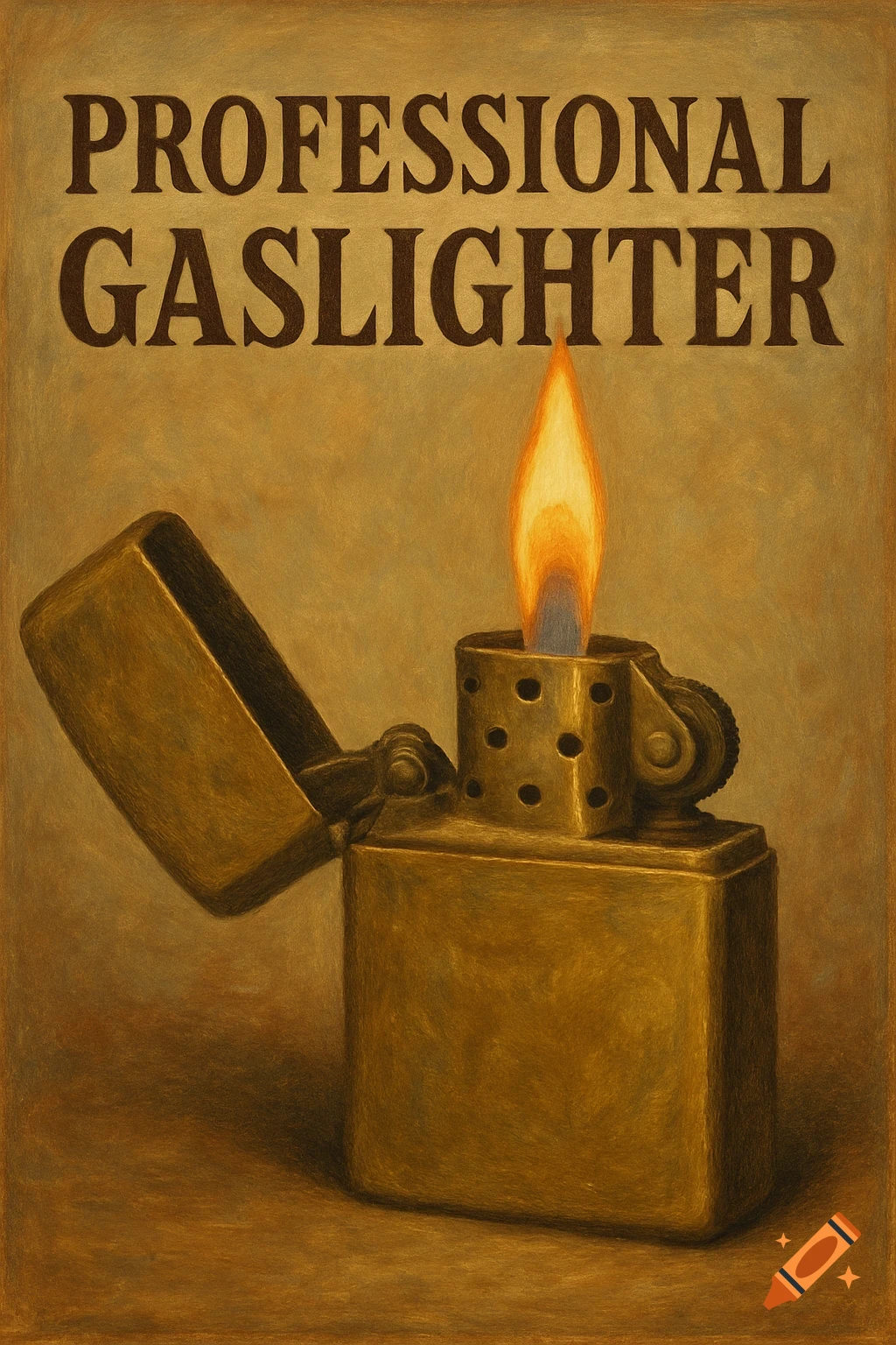 A vintage-style illustration of a lit brass lighter with the text 'PROFESSIONAL GASLIGHTER' above it.