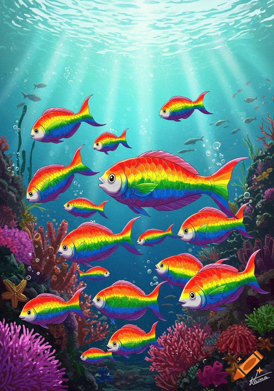A school of vibrantly colored rainbow fish swim among colorful coral reefs in a bright, sunlit underwater scene.