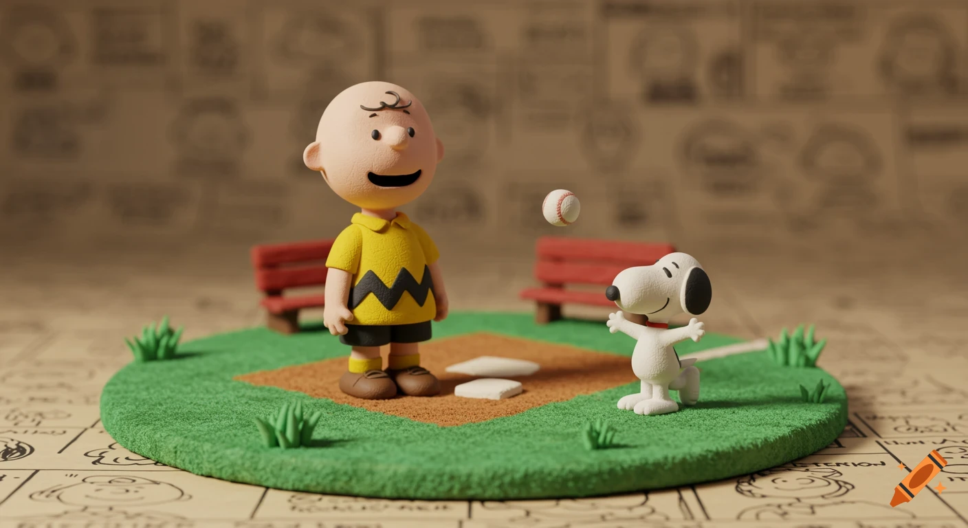 A clay diorama of Charlie Brown and Snoopy on a miniature baseball field with a baseball floating mid-air, set against a blurry vintage comic strip background.