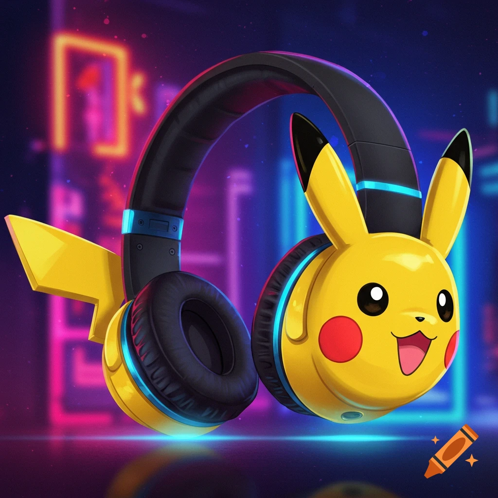 Pikachu-themed headphones with glowing blue accents against a vibrant neon cityscape background.