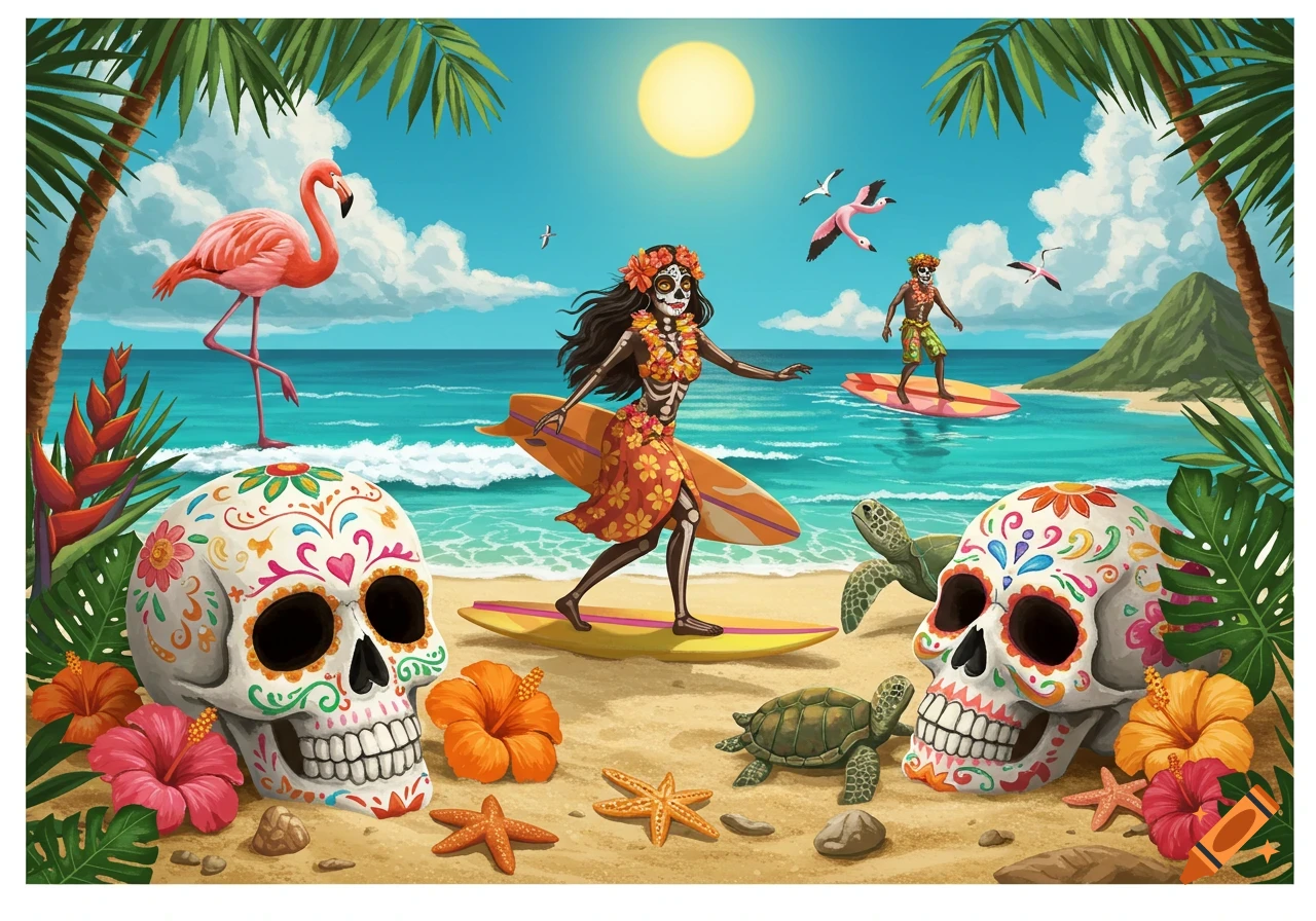 Vibrant Mexican folk art illustration of a Hawaiian beach with Day of the Dead figures surfing, sugar skulls, flamingos, and sea turtles.