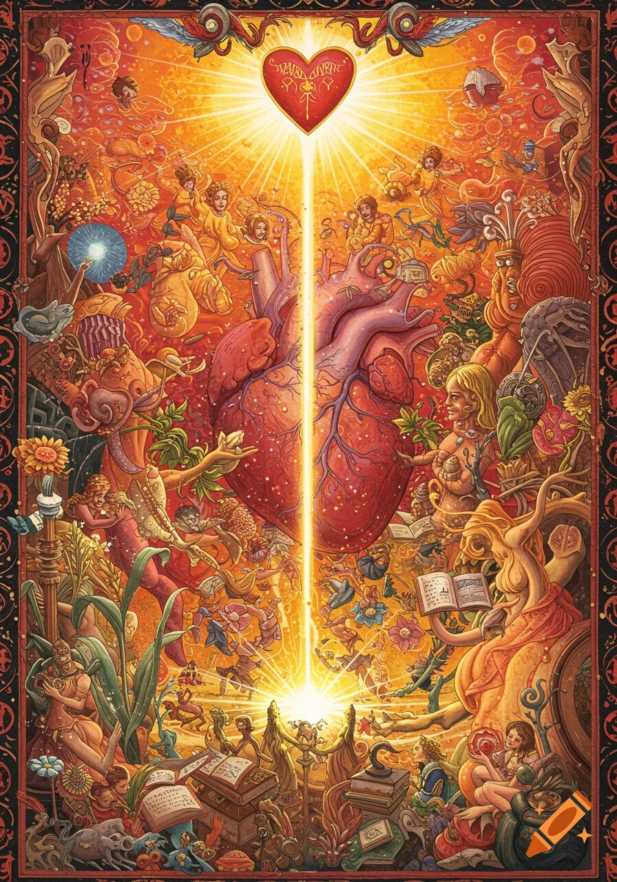 A vibrant, intricate allegorical painting features a glowing anatomical heart at its center, emitting a bright light upwards to a smaller heart with stylized text. Surrounding the heart are numerous angelic figures, mythological creatures, plants, and books, all intertwined in a rich, warm palette with ornate borders.